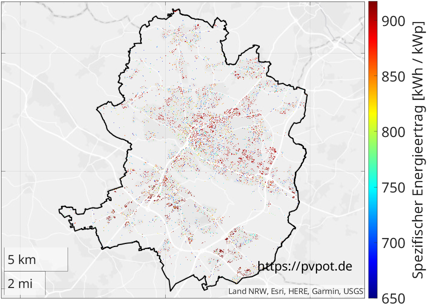 Möglicher spezifischer Energieertrag aller geeigneten Dachflächen in Bielefeld
