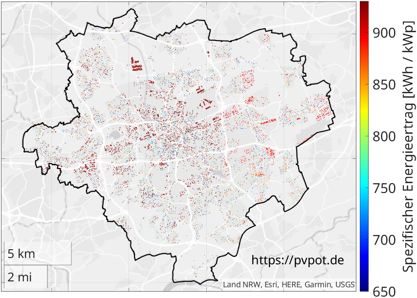 Möglicher spezifischer Energieertrag aller geeigneten Dachflächen in Dortmund