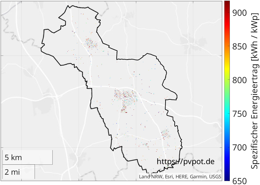 Möglicher spezifischer Energieertrag aller geeigneten Dachflächen in Drensteinfurt