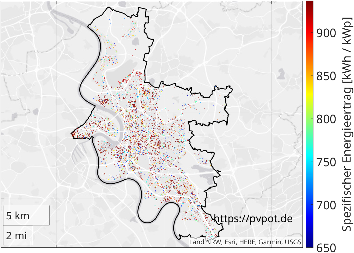 Möglicher spezifischer Energieertrag aller geeigneten Dachflächen in Düsseldorf