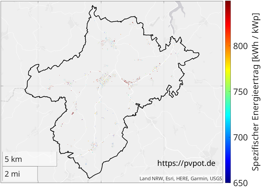 Möglicher spezifischer Energieertrag aller geeigneten Dachflächen in Eslohe (Sauerland)