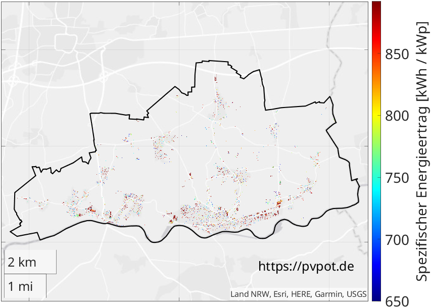Möglicher spezifischer Energieertrag aller geeigneten Dachflächen in Fröndenberg/Ruhr