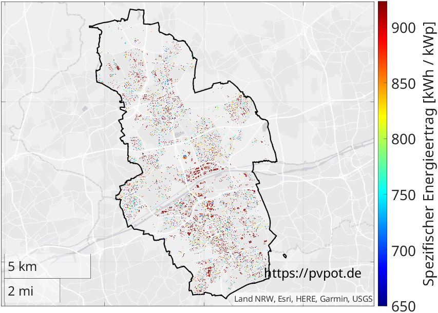 Möglicher spezifischer Energieertrag aller geeigneten Dachflächen in Gelsenkirchen