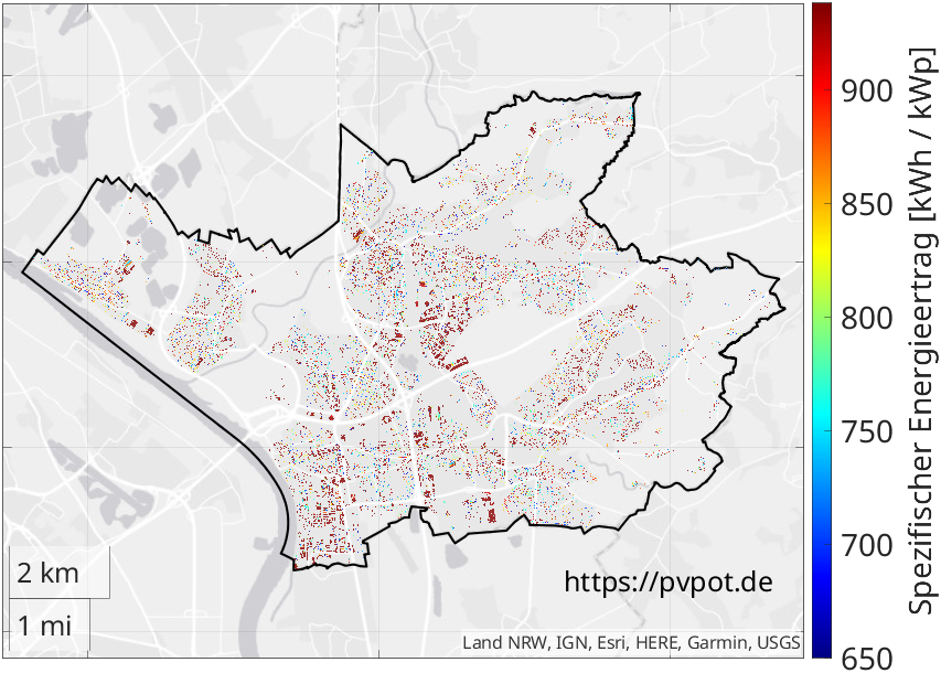 Möglicher spezifischer Energieertrag aller geeigneten Dachflächen in Leverkusen