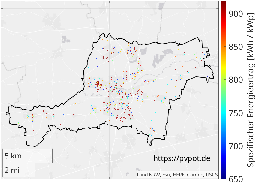 Möglicher spezifischer Energieertrag aller geeigneten Dachflächen in Lippstadt