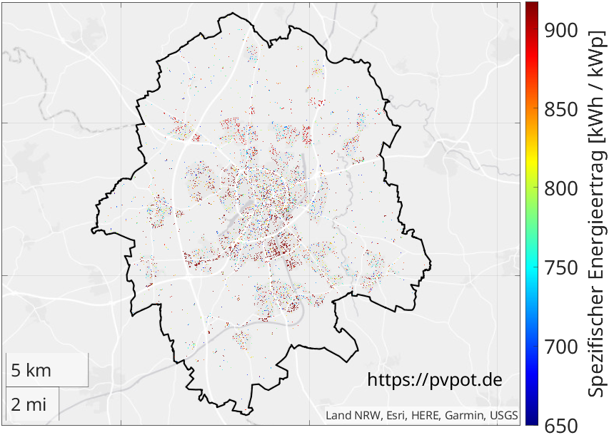 Möglicher spezifischer Energieertrag aller geeigneten Dachflächen in Münster