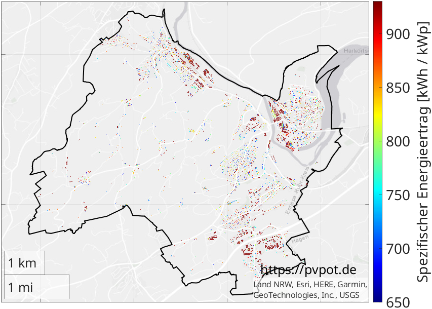 Möglicher spezifischer Energieertrag aller geeigneten Dachflächen in Wetter (Ruhr)